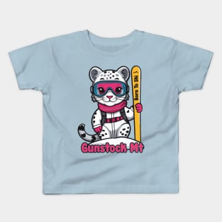 Cute Snow Leopard Skiing Gunstock Mountain Kids T-Shirt